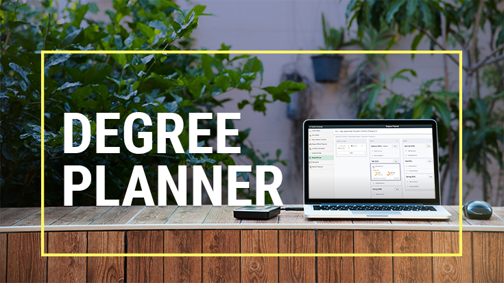 A laptop sitting on a desk in front of green plants, along with the words Degree Planner